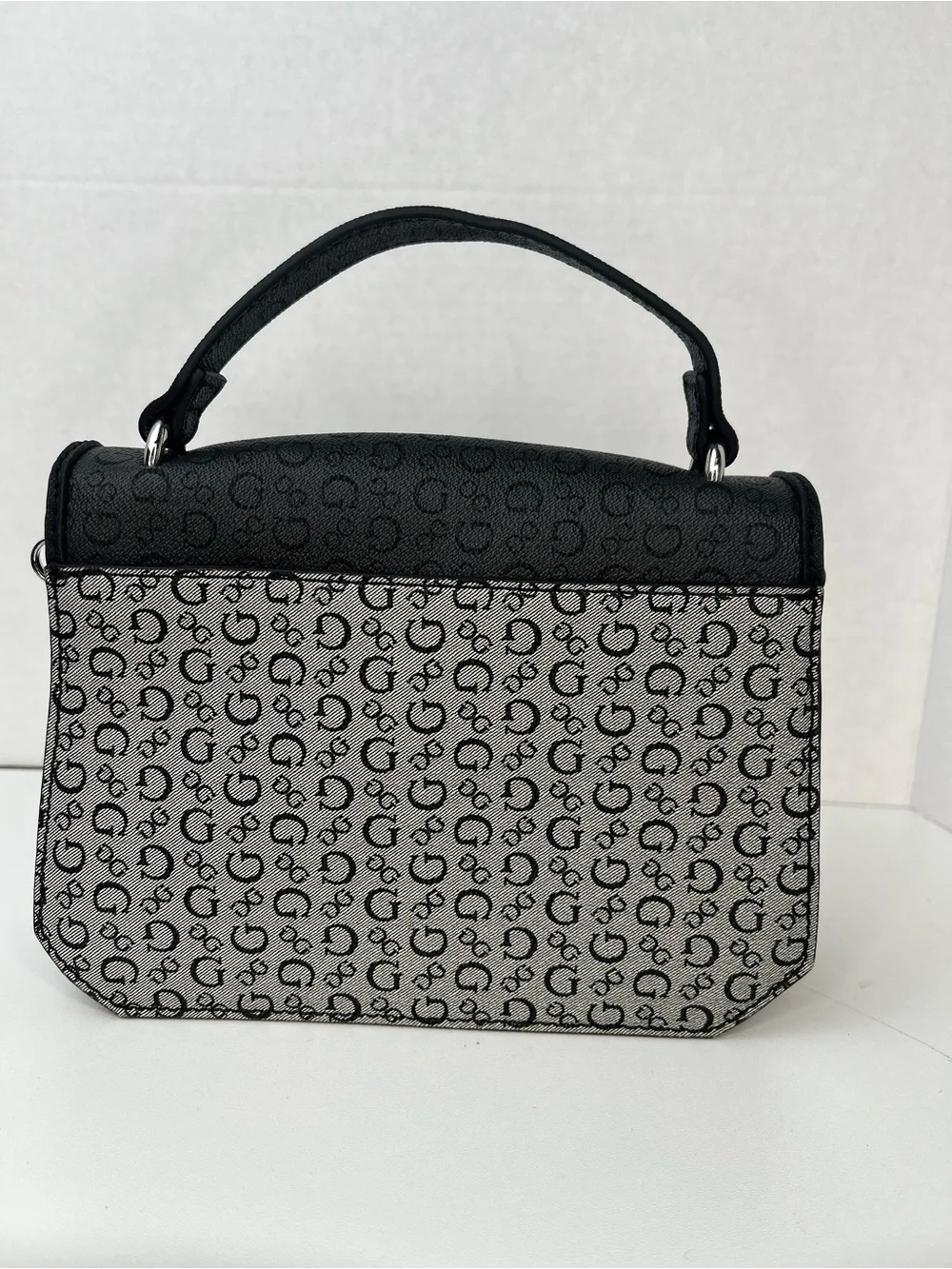 GUESS Black & White Logo Print Top Handle Crossbody Satchel